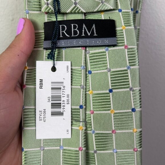 RBM Collection Men's Green Squared Design 100% Silk Tie - NWT - Picture 3 of 6